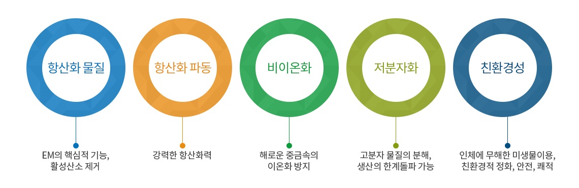 항산화 물질 : EM의 핵심적 기능, 활성산소 제게/항산화 파동 : 강력한 항산화력/바이온화 : 해로운 중금속의 이온화 방지/저분자화 : 고분자 물질의 분해, 생산의 한계돌파 가능/친환경성 : 인체에 무해한 미생물이용, 친환경적 정화, 안전, 쾌적